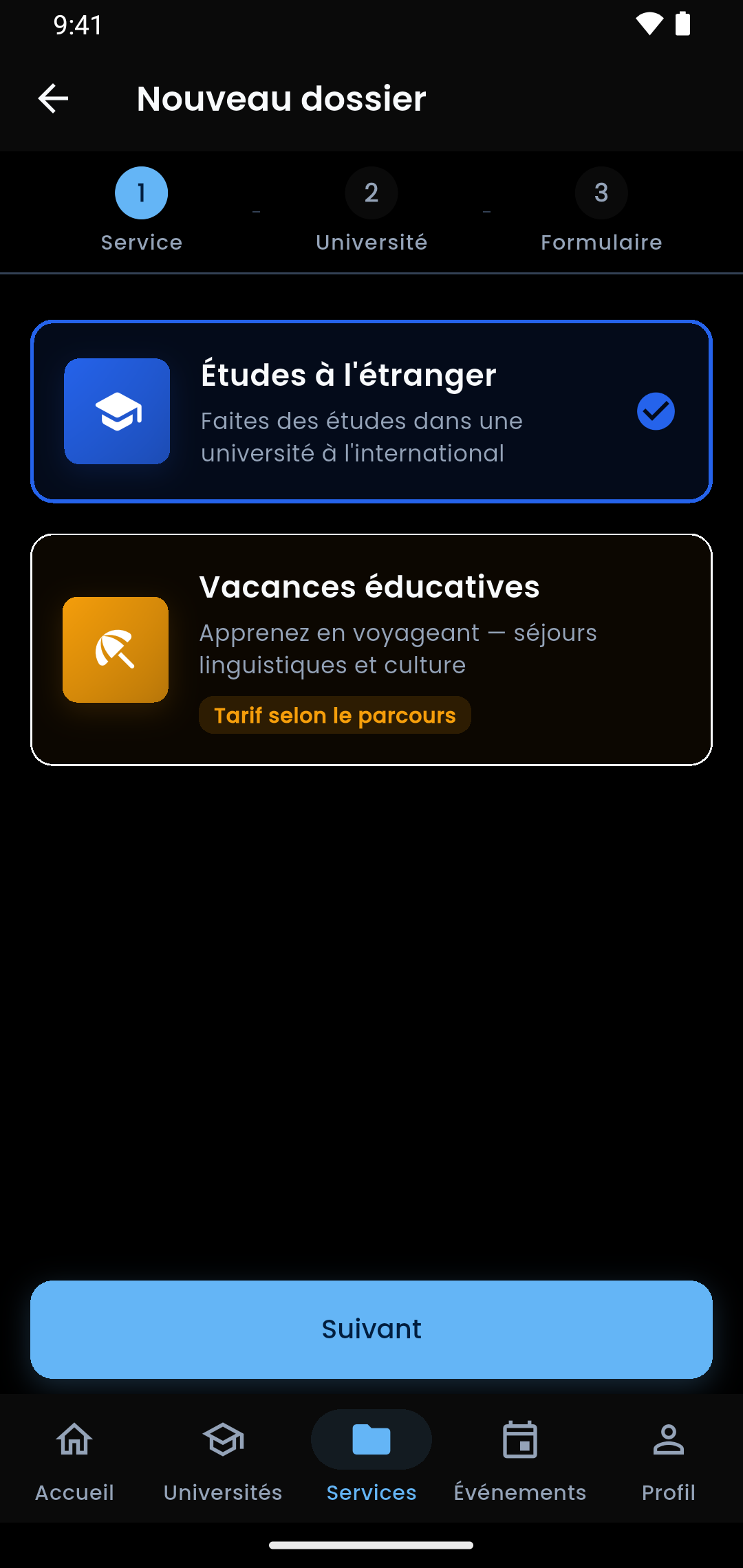 Écran 2 sur 4 de l’application : Campus monde