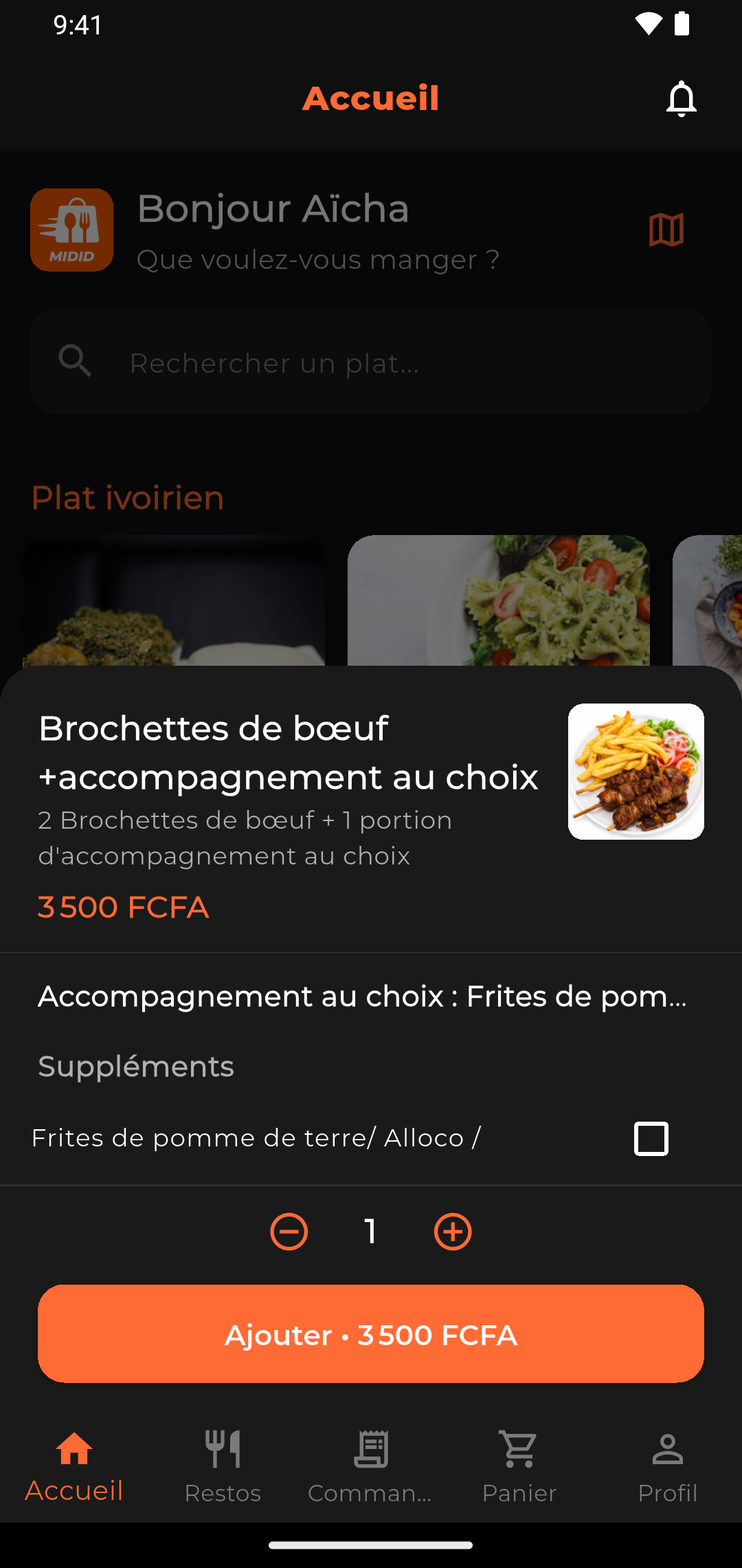 Écran 3 sur 4 de l’application : Resto Express