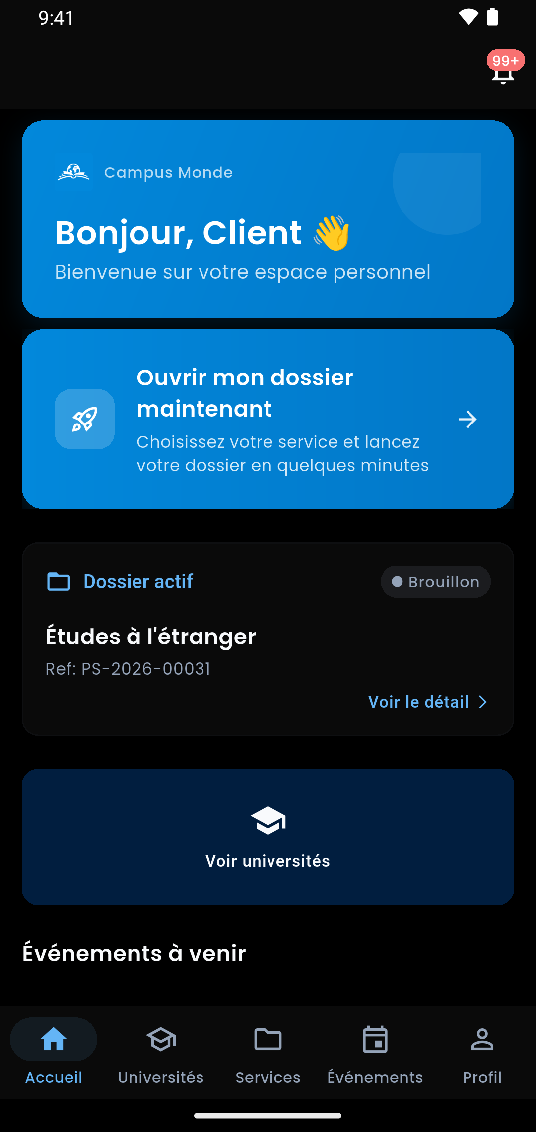 Écran 1 sur 4 de l’application : Campus monde