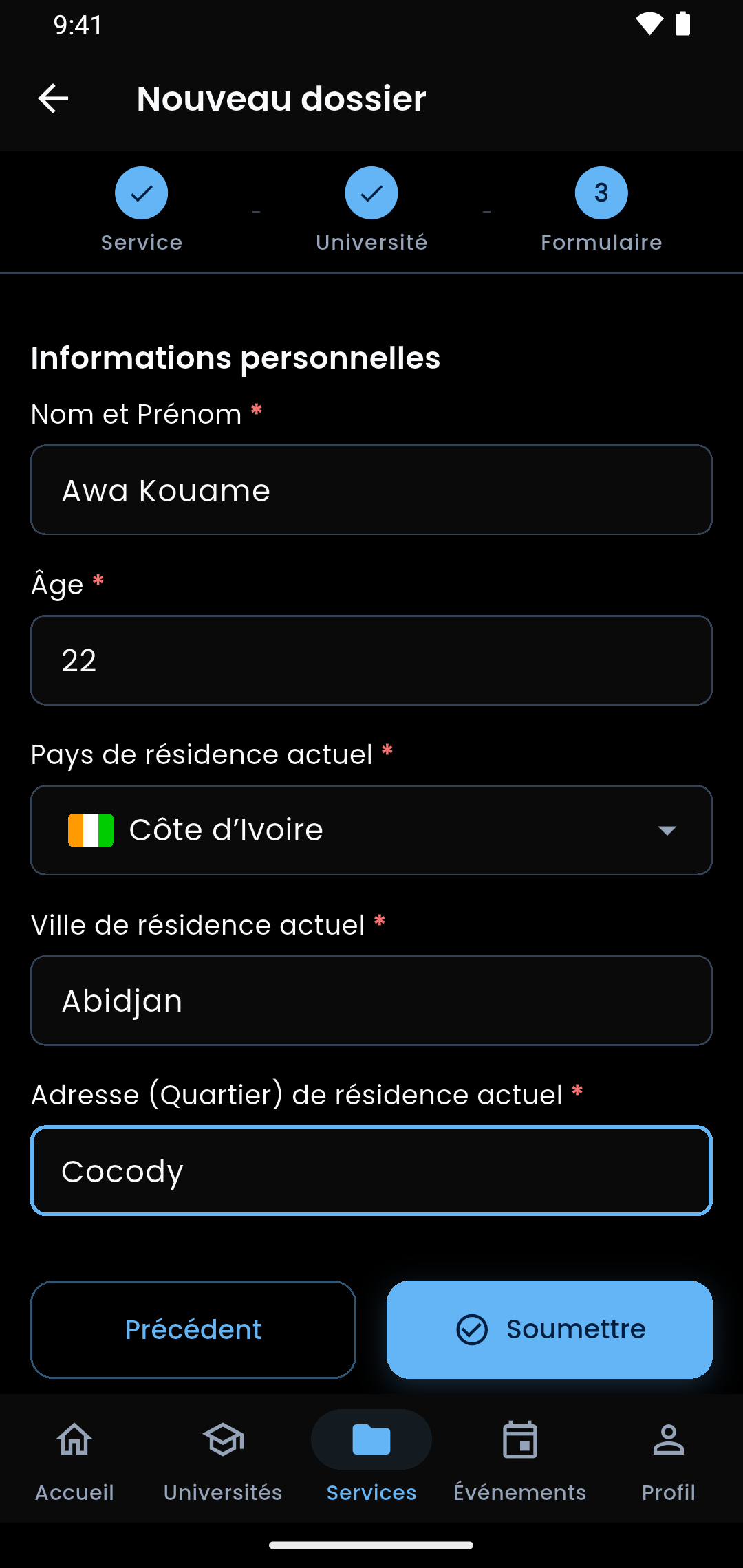 Écran 3 sur 4 de l’application : Campus monde