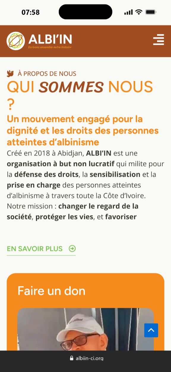 ALBI’IN — Mouvement des personnes atteintes d’albinisme en Côte d’Ivoire : aperçu du site sur téléphone