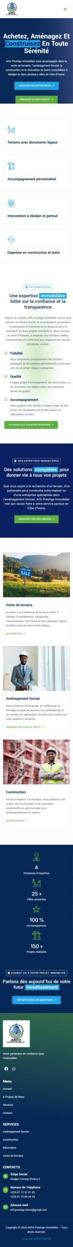 ARFO PRESTIGE IMMOBILIER : aperçu du site sur téléphone
