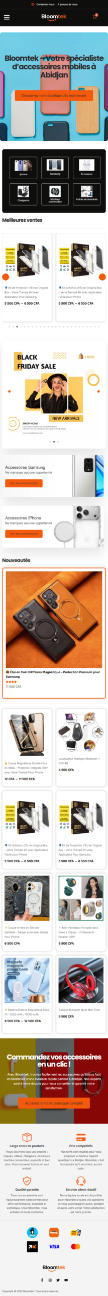 Bloomtek Market — Boutique en ligne d’accessoires mobiles : aperçu du site sur téléphone