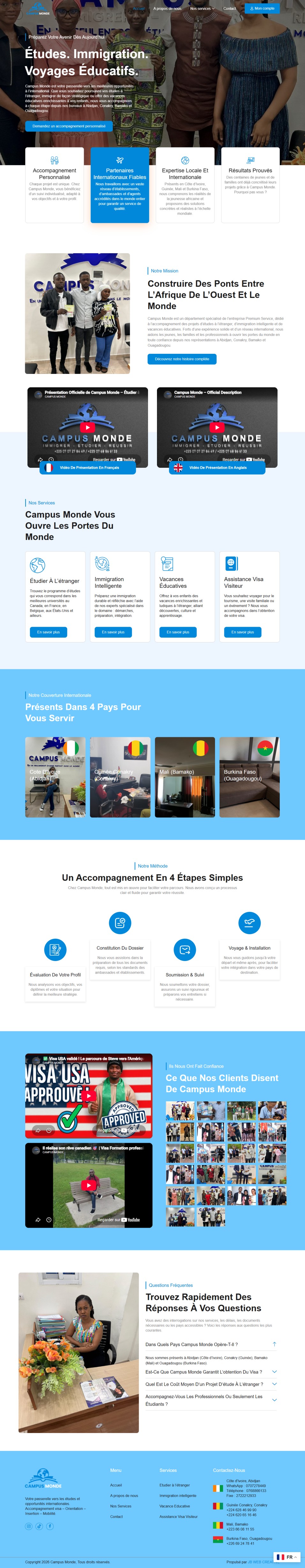 Capture de la page d’accueil sur ordinateur : Campus Monde – Études. Immigration. Voyages éducatifs.