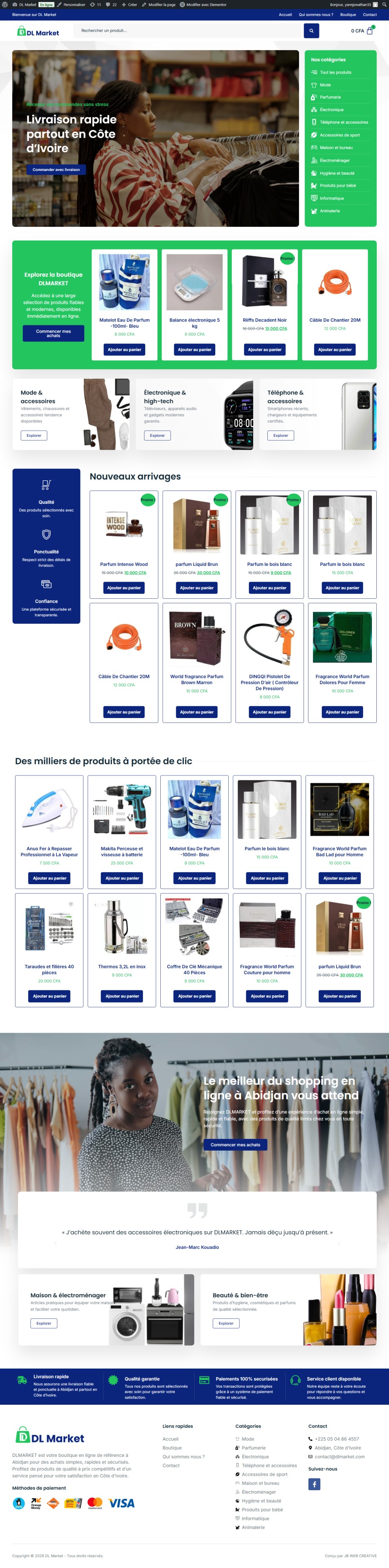 Capture de la page d’accueil sur ordinateur : DL Market — Boutique en ligne