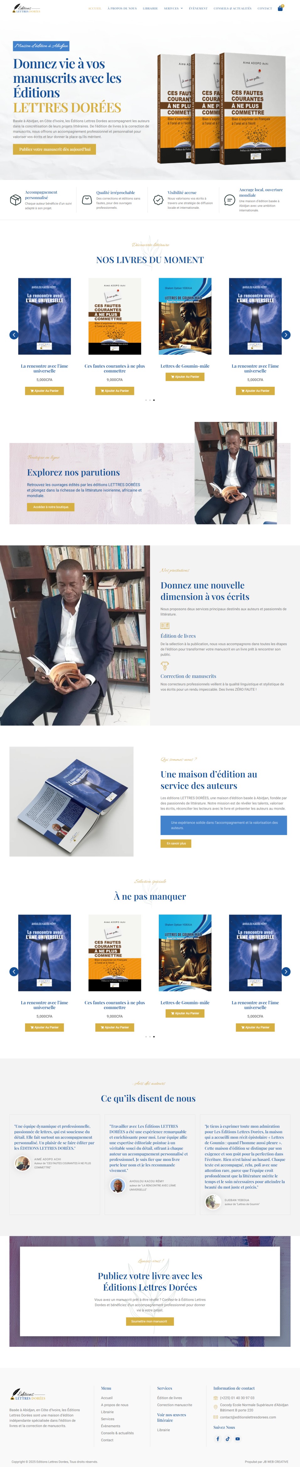 Capture de la page d’accueil sur ordinateur : Éditions Lettres Dorées