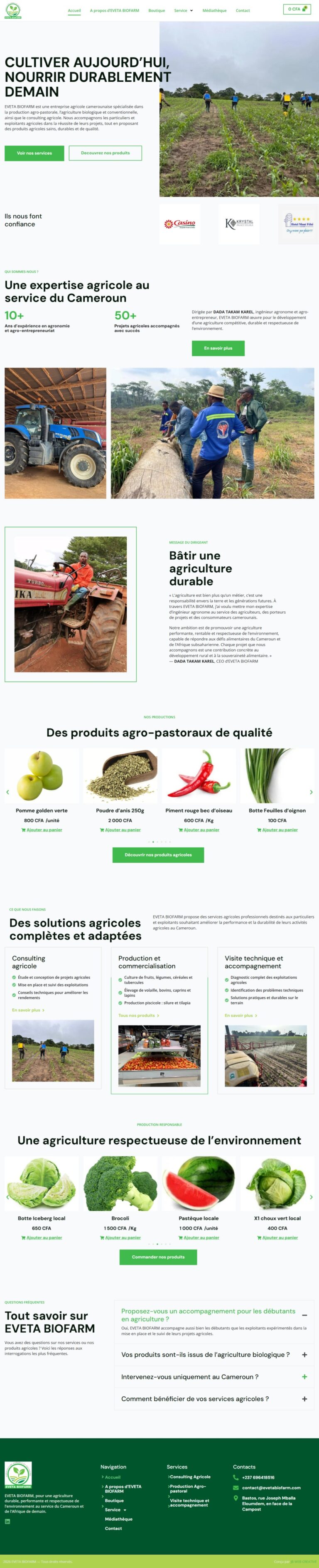 Eveta Biofarm – Agriculture durable et solidaire : aperçu du site sur ordinateur
