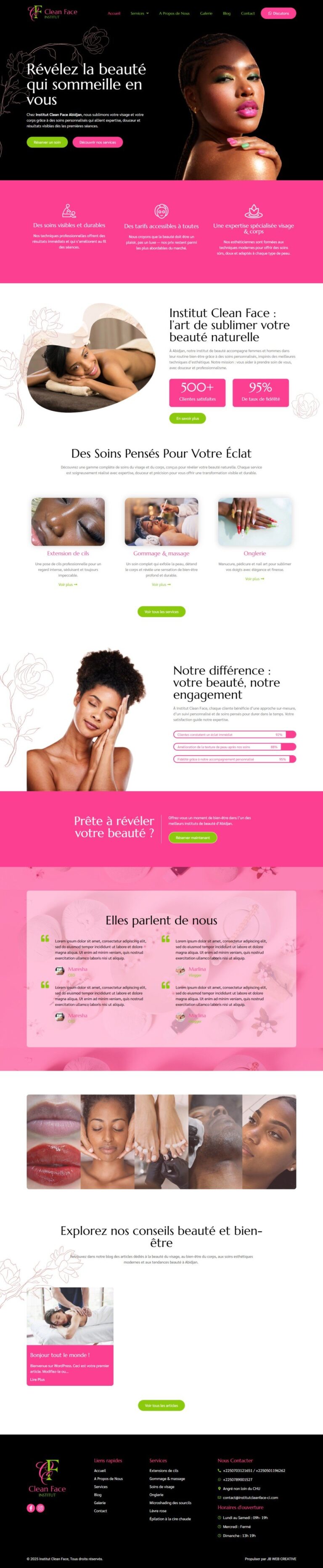 Institut Clean Face : aperçu du site sur ordinateur