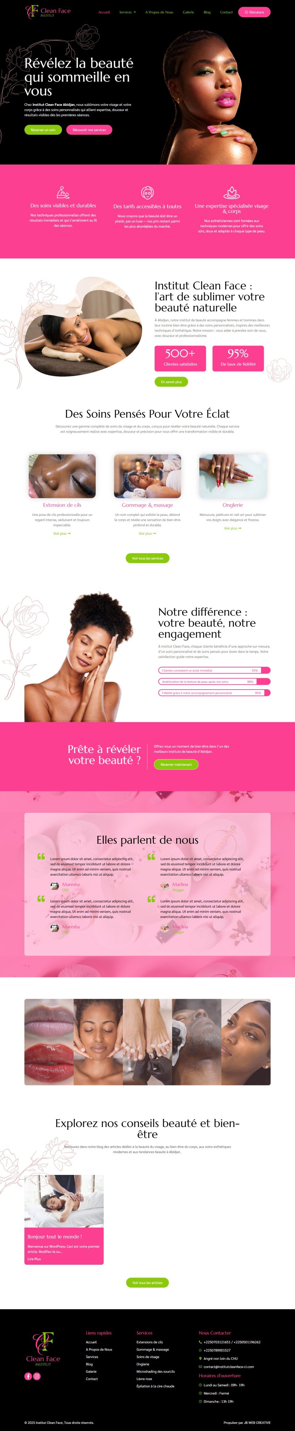 Capture de la page d’accueil sur ordinateur : Institut Clean Face